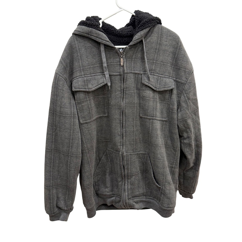 i5 Apparel Mens XL Sherpa Lined Hoodie Jacket Grey Plaid Full Zip Fleece Pockets